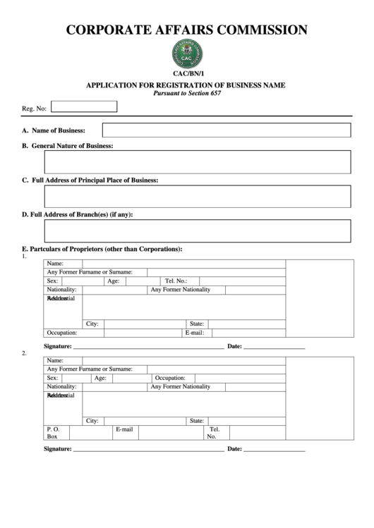 Fillable Corporate Affairs Commission - Application For Registration Of Business Name Printable pdf