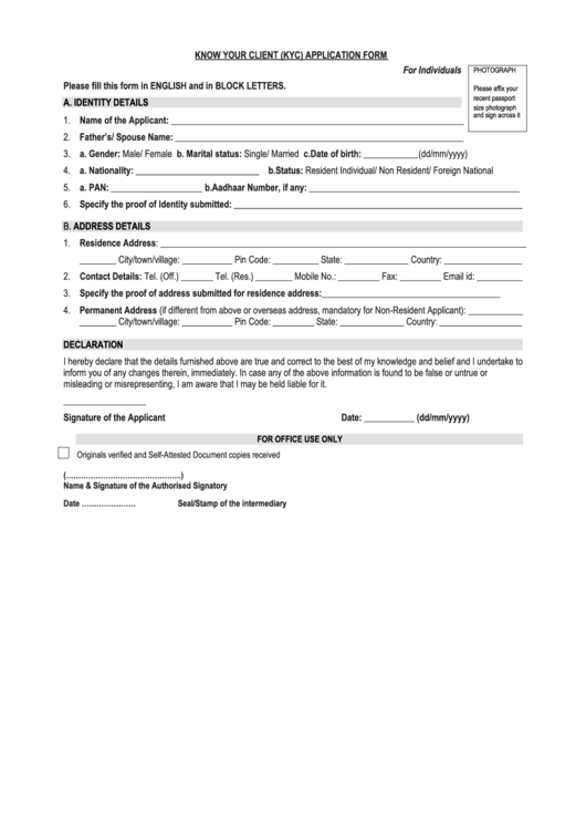 (Kyc) Application Form For Individuals - Sebi Printable pdf