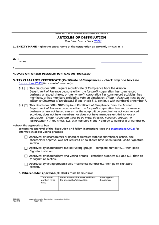Fillable Articles Of Dissolution - Arizona Corporation Commission Printable pdf