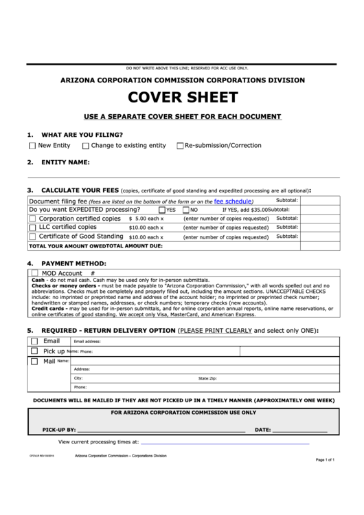 Cover Sheet Template - Arizona Corporation Commission
