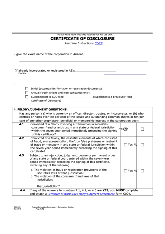 Fillable Certificate Of Disclosure - Arizona Corporation Commission Printable pdf