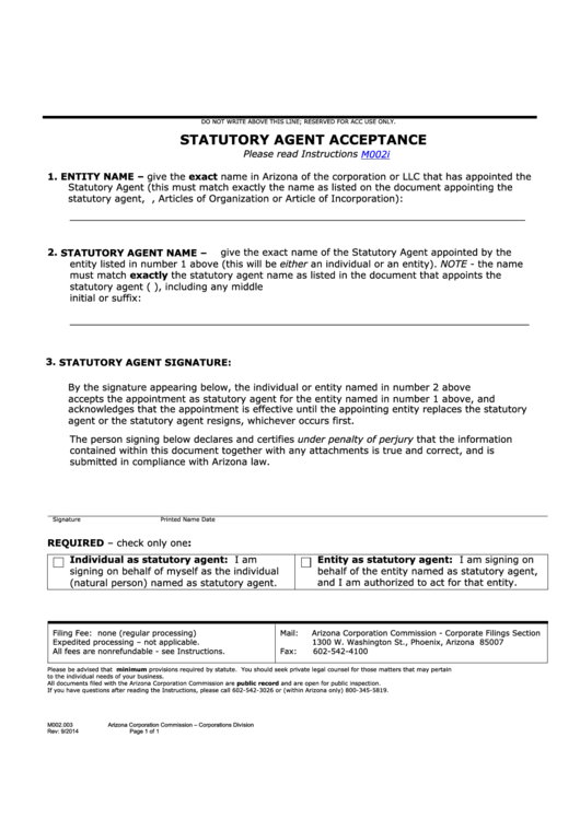 Statutory Agent Acceptance Form - Arizona Corporation Commission