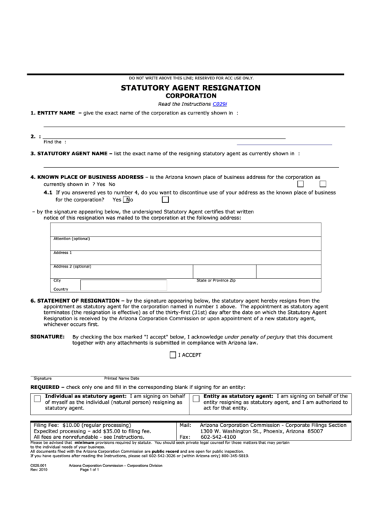 Fillable Form C029.001 - Statutory Agent Resignation Corporation - 2010 Printable pdf