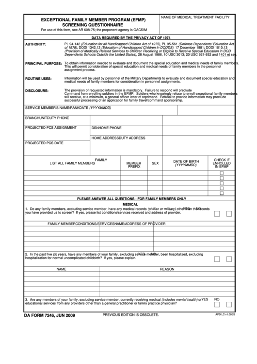 Fillable Da Form 7246 - Army - Exceptional Family Member Program (Efmp) Printable pdf