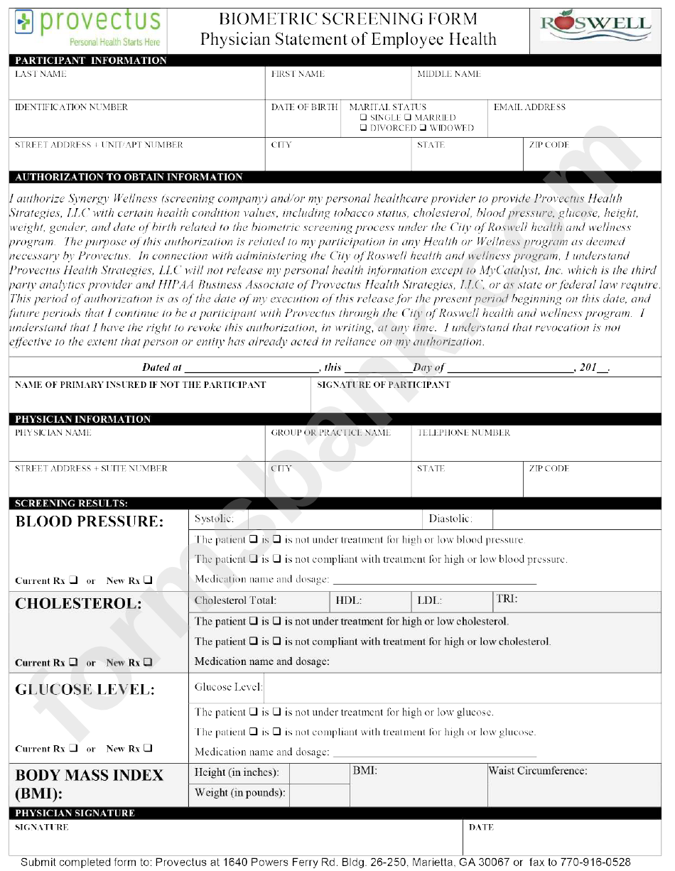 Roswell Biometric Screening Form - Physician Statement Of Employee Health