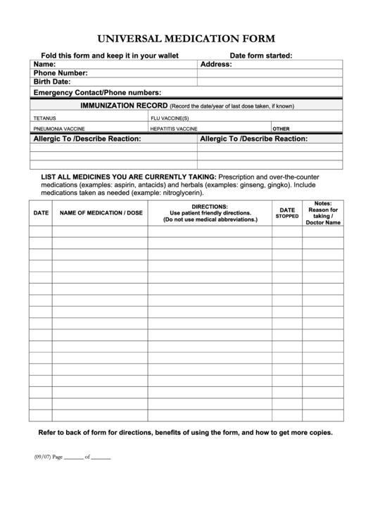 Universal Medication Form - Conway Medical Center Printable pdf
