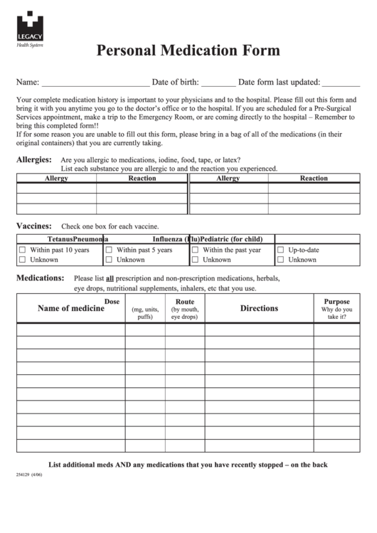 Fillable Personal Medication Form - Legacy Health printable pdf download