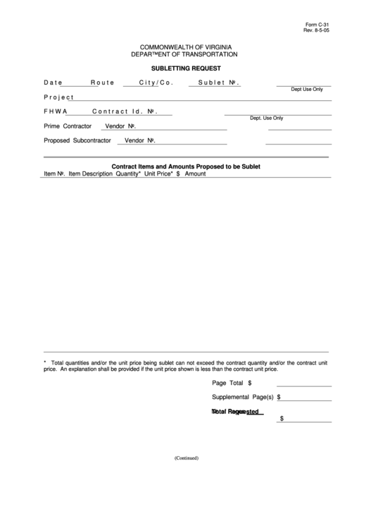 Commonwealth Of Virginia Department Of Transportation Subletting Request Printable pdf