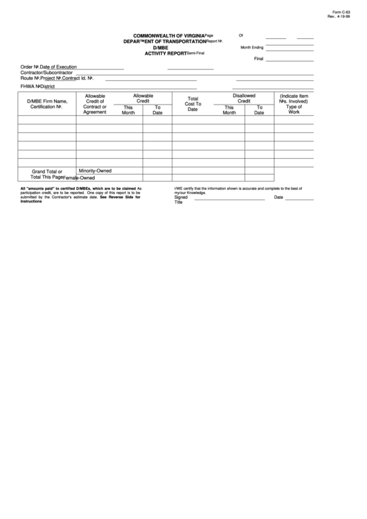 Form C-63 - Activity Report - Virginia Department Of Transportation Printable pdf