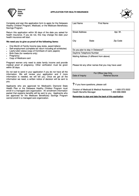 Fillable Form 403 - Diamond State Health Plan - Application For Health Insurance Printable pdf