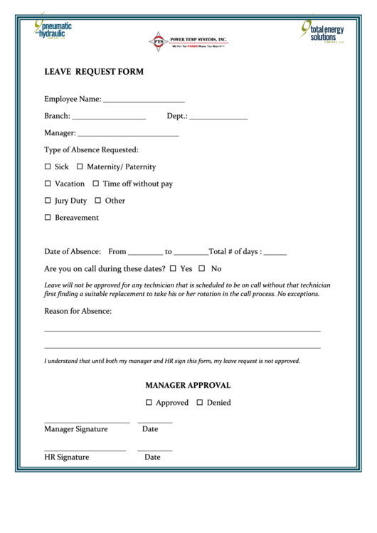 Leave Request Form - Pneumatic And Hydraulic Printable pdf