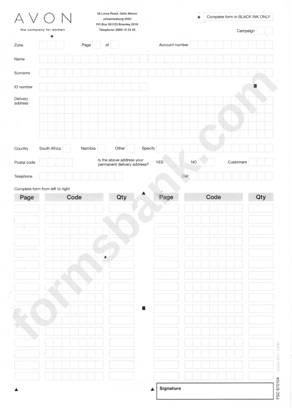 Form Fsc 870104 - Avon Order Form - I Love Avon