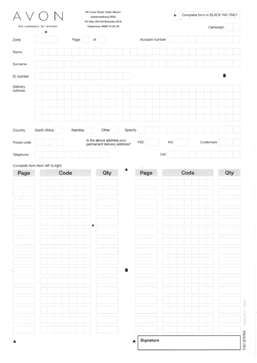 Form Fsc 870104 - Avon Order Form - I Love Avon Printable pdf