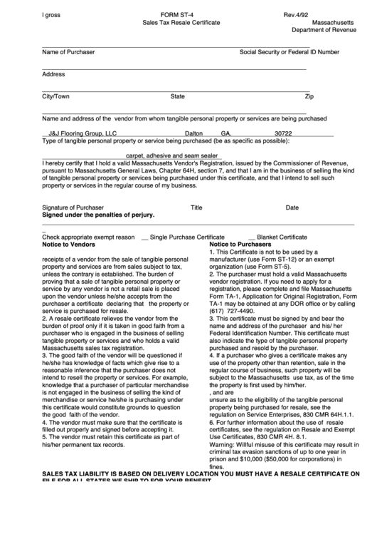 Form St-4 - Sales Tax Resale Certificate Massachusetts Department Of Revenue Printable pdf