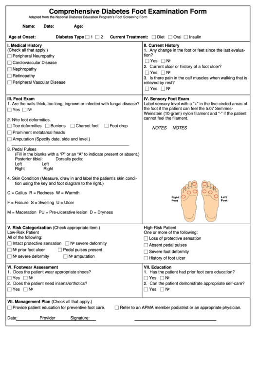 Comprehensive Diabetes Foot Examination Form Printable pdf