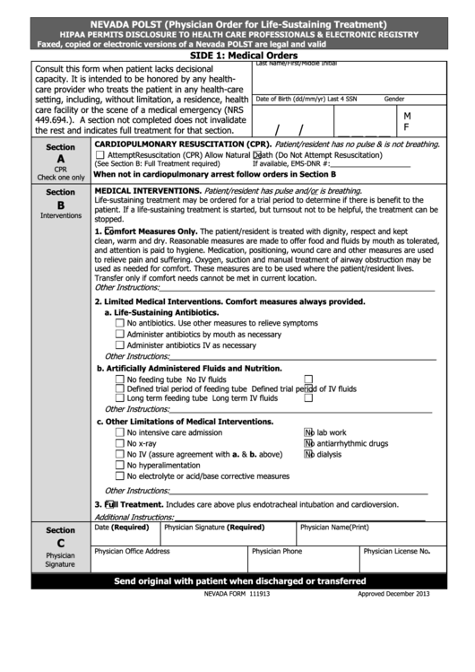 Nevada Polst - Nevada Division Of Public And Behavioral Health Printable pdf
