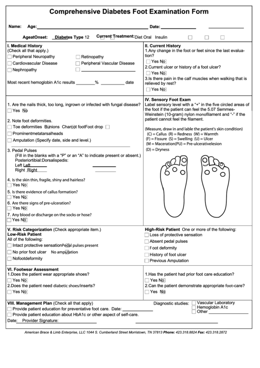 Comprehensive Diabetes Foot Examination Form printable pdf download