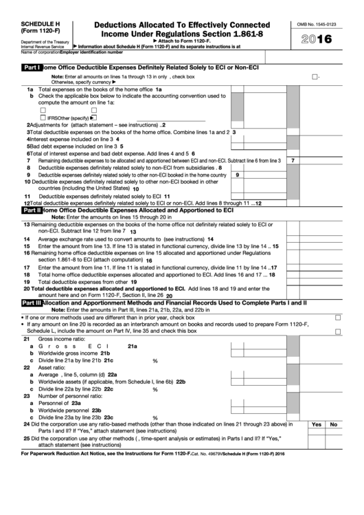 Fillable Form 1120-F (Schedule H) - Deductions Allocated To Effectively Connected Income Under Regulations Section 1.861-8 - 2016 Printable pdf