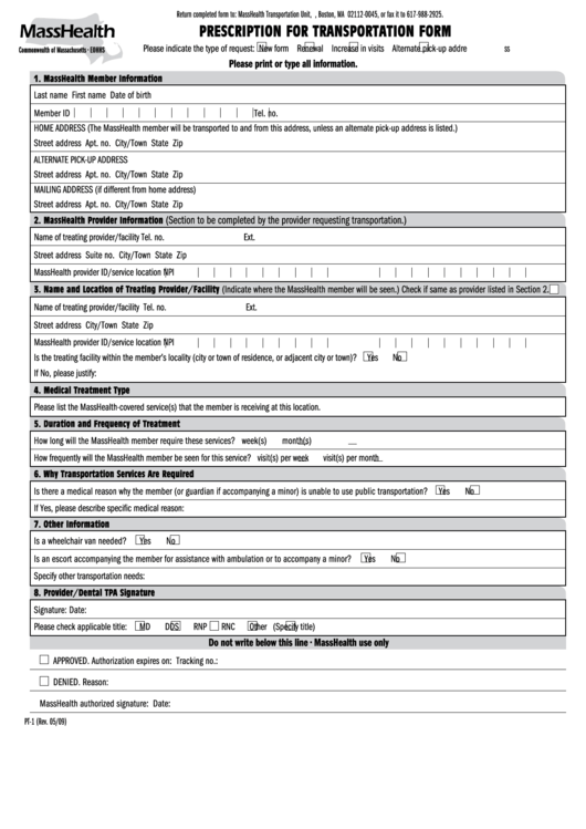 Form Pt-1 - Masshealth Prescription For Transportation Form Printable pdf
