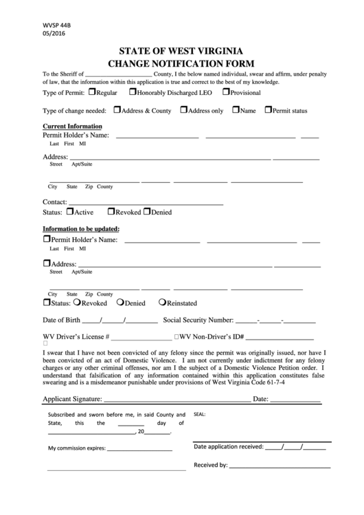 Fillable State Of West Virginia Change Notification Form Printable pdf