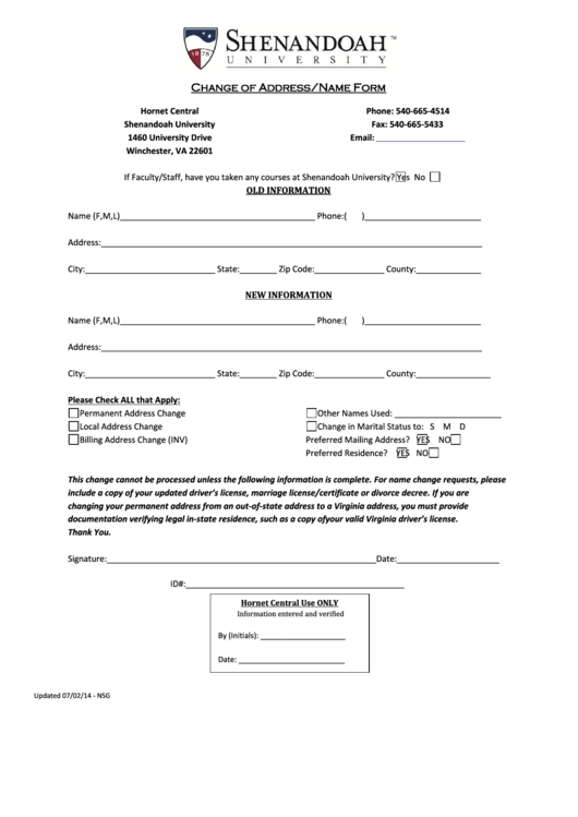 Change Of Address/name Form - Shenandoah University Printable pdf