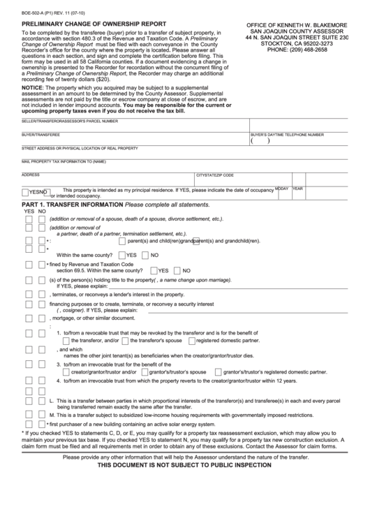 Fillable Form Boe-502-A (P1) - Preliminary Change Of Ownership Report - Stockton, Ca - 2010 Printable pdf