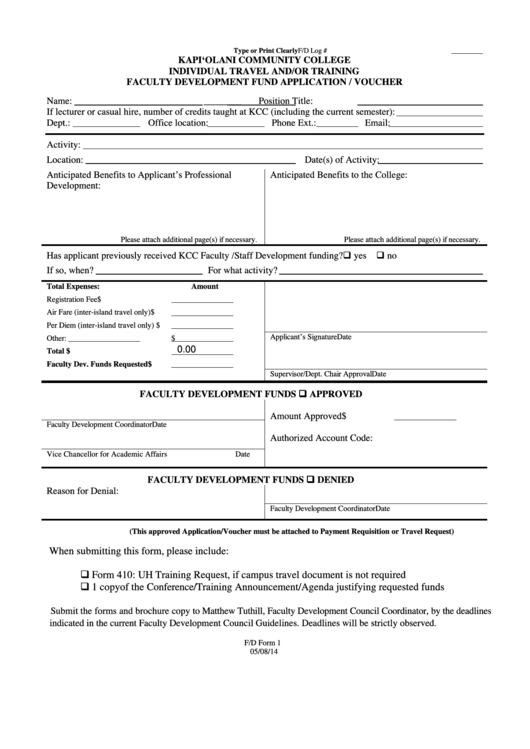 Kapi'olani Community College Individual Travel And/or Training Faculty Development Fund Application / Voucher