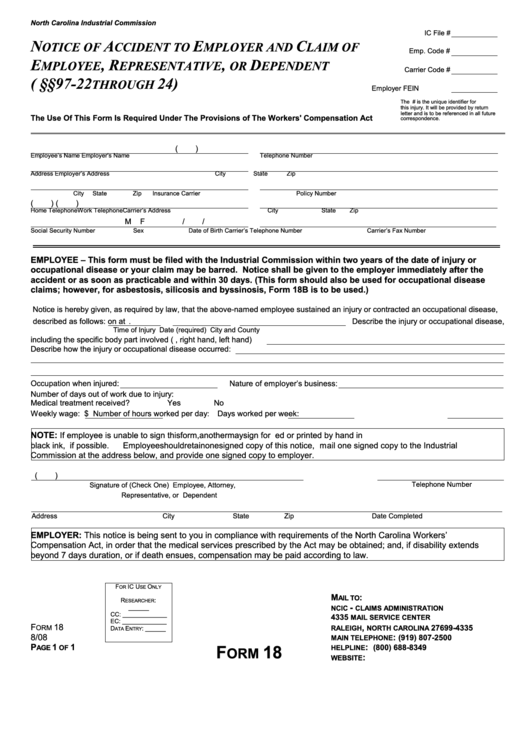 Fillable North Carolina Industrial Commission - Notice Of Accident To Employer And Claim Of Employee, Representative, Or Dependent Printable pdf