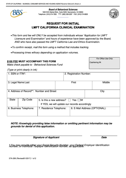 Request For Initial Lmft California Clinical Examination Printable pdf