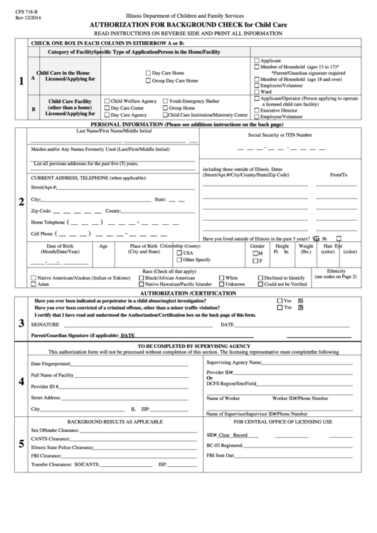 Form Cfs 718-B - Authorization For Background Check For Child Care - The Illinois Dcfs Printable pdf