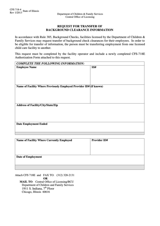Fillable Cfs 718-4 - Request For Transfer Of Background Clearance Information Printable pdf