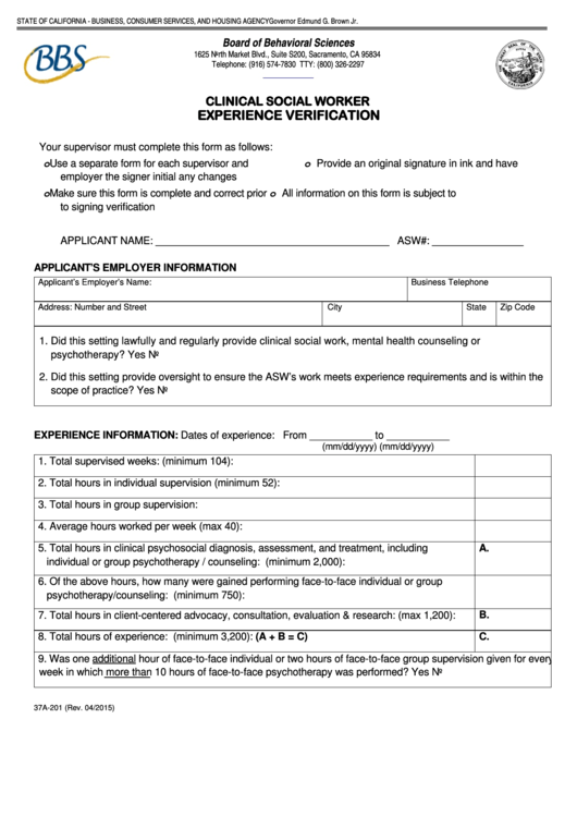 Fillable Clinical Social Worker Experience Verification Form Printable pdf
