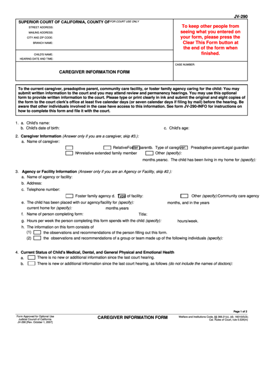 Fillable Form Jv-290 - Caregiver Information Form - California Superior Court Printable pdf
