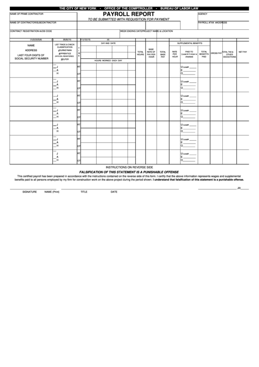 Fillable Nyc Comptrollerbureau Of Labor Law Payroll Form - Nyc Parks Printable pdf