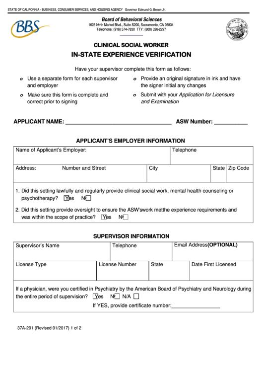 Fillable Clinical Social Worker In-State Experience Verification Form Printable pdf
