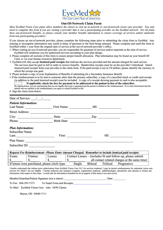 Out-Of-Network Claim Form Printable pdf