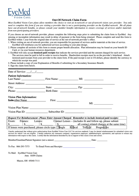 Out-Of-Network Claim Form Date Of Service - The Standard printable pdf ...