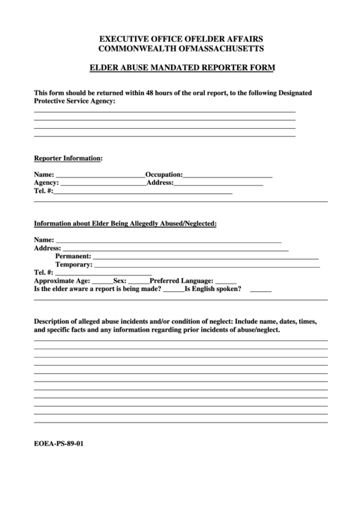 Executive Office Of Elder Affairs Commonwealth Of Massachusetts Elder Abuse Mandated Reporter Form Printable pdf