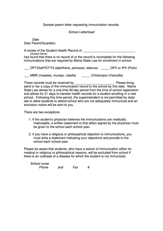 Sample Parent Letter Template Requesting Immunization Records Printable pdf