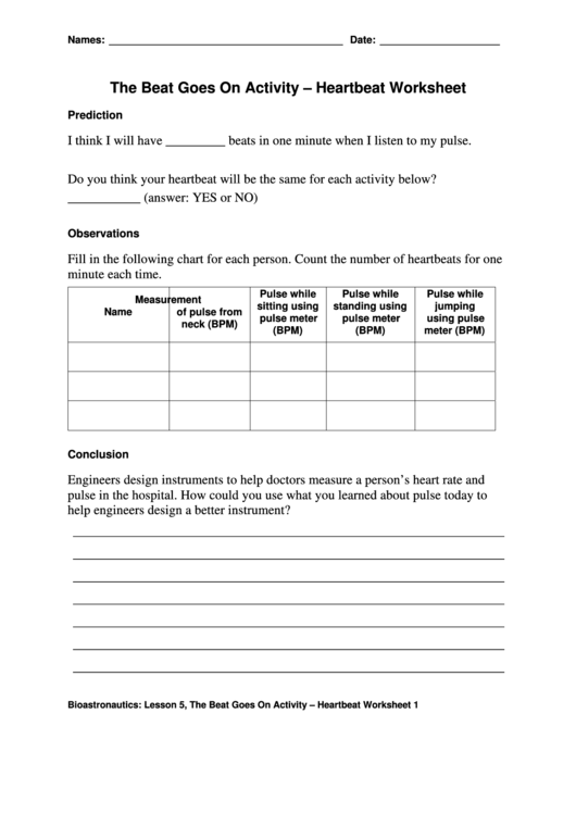 The Beat Goes On Activity - Heartbeat Worksheet Printable pdf