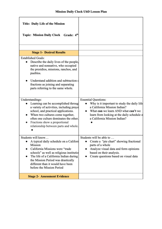 Mission Daily Clock Ubd Lesson Plan Template Printable pdf