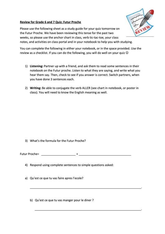 Review For Grade 6 And 7 Quiz: Futur Proche Printable pdf