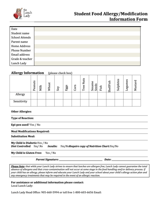 Student Food Allergy/modification Information Form Printable pdf