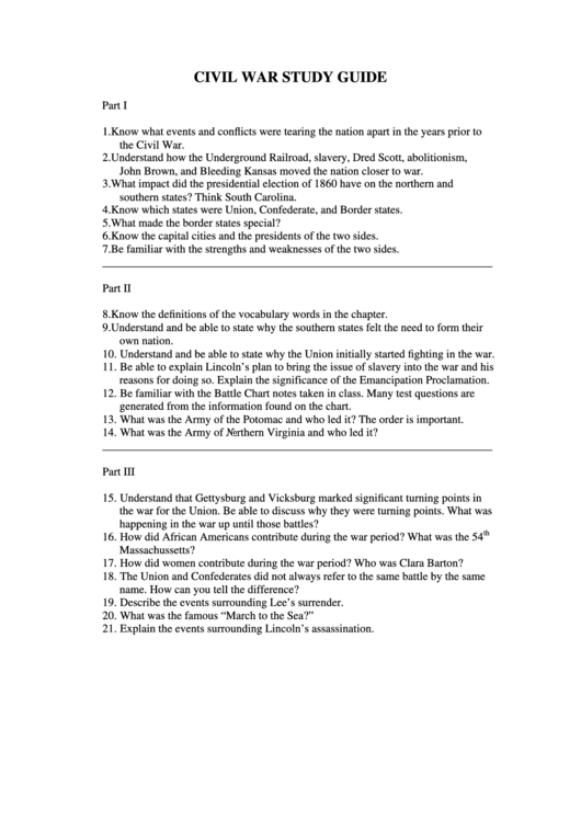 Civil War Study Guide - History Worksheets Printable pdf