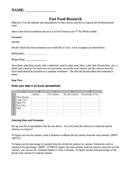 Fast Food Research - Lab Report Template Printable pdf