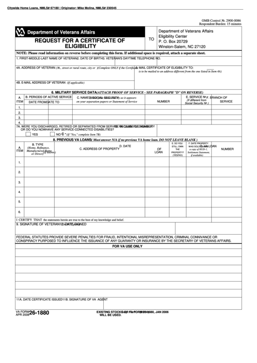 Va Form 26 1880 2008 Request For A Certificate Of Eligibility Printable Pdf Download