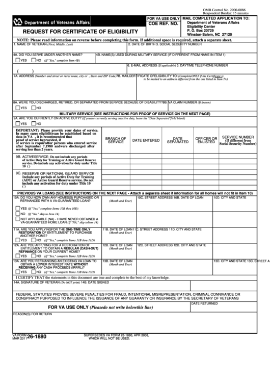 Va Form 26-1880 With Instructions - Request For Certificate Of Eligibility Printable pdf