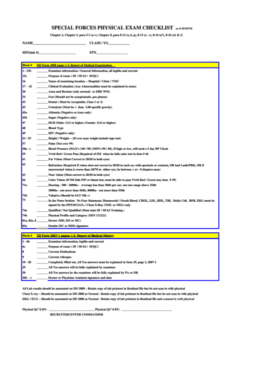 Special Forces Physical Exam Checklist (Dd Form 2808, Dd Form 2807-1) Printable pdf
