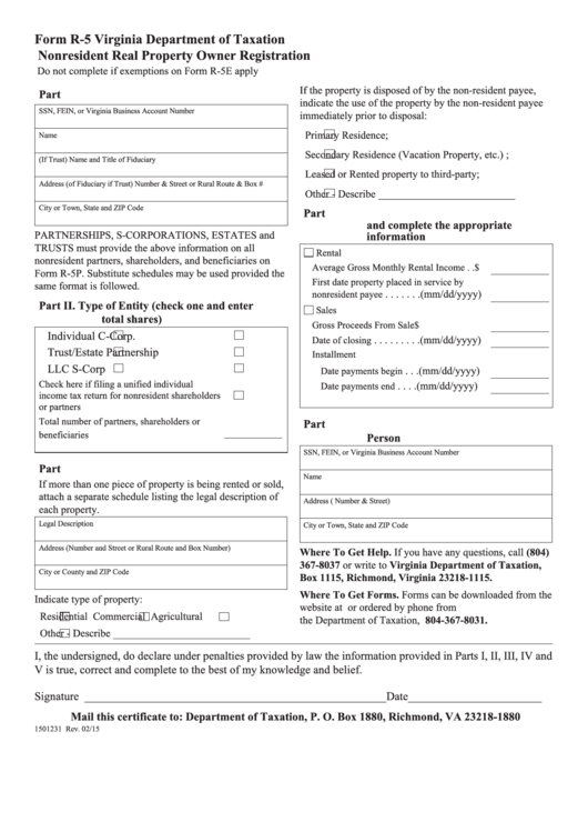 Fillable Form R-5 Virginia Department Of Taxation Nonresident Real Property Owner Registration Printable pdf