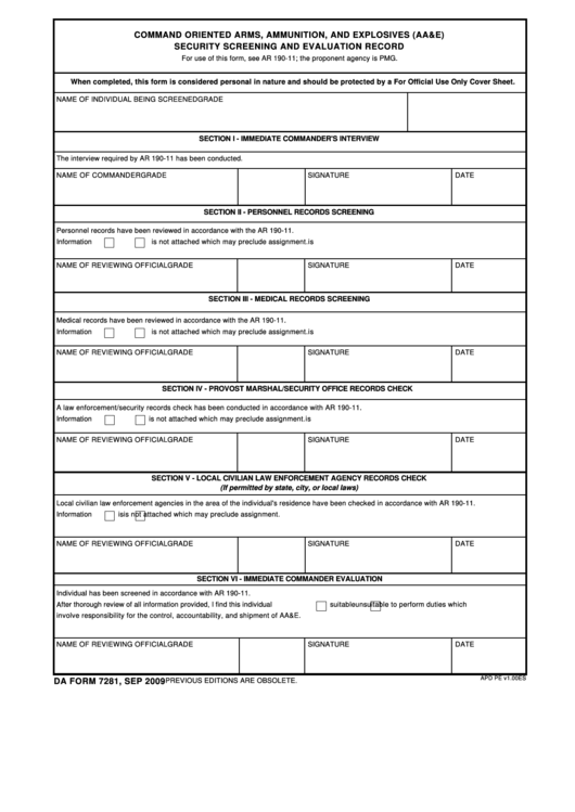 Da Form 7281 - Command Oriented Arms, Ammunation, And Explosives (Aa&e) Security Screening And Evaluation Record Printable pdf